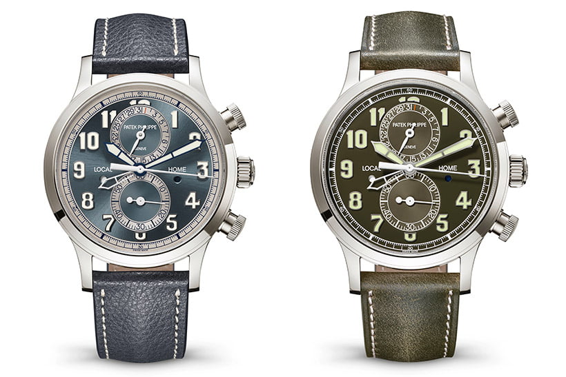 Da sinistra: il Patek Philippe Calatrava Pilot Travel Time Chronograph Ref. 5924G-001 e il Calatrava Pilot Travel Time Chronograph Ref. 5924G-010